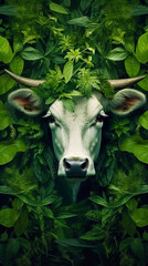 Wall Mural - Cow is surrounded by green leaves and leaves on it's head. Generative AI.