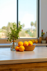 Poster - Bowl of oranges sitting on counter next to vase of oranges. Generative AI.