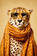 Sticker - Cheetah wearing sunglasses and scarf with scarf around its neck. Generative AI.