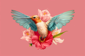 Poster - Image of hummingbird on pink background with pink and white flowers. Generative AI.