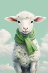 Canvas Print - Image of sheep with green scarf around it's neck. Generative AI.