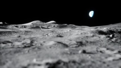 Wall Mural - 4k high detail close up focus rack sideways slider dolly shot of moon lunar landscape with earth just above horizon