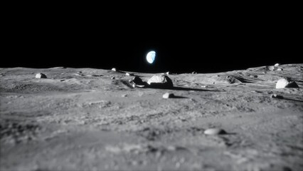 Wall Mural - 4k high detail closeup reveal dolly shot of moon lunar landscape with earth just above horizon
