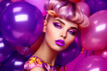 Woman With Pink Hair And Purple Makeup Is Surrounded By Balloons And Balloons. Generative AI.