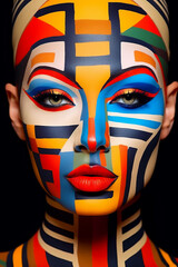 Poster - Woman's face is painted with multicolored lines and shapes. Generative AI.