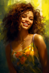 Canvas Print - Image of woman smiling and wearing yellow top with flowers on it. Generative AI.