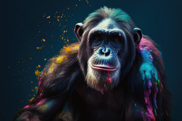 Poster - An vibrant photograph of a Chimpanzee splashed in bright paint, contemporary colors and mood social background, generative AI