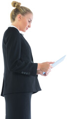 Poster - Digital png photo of focused caucasian businesswoman using tablet on transparent background