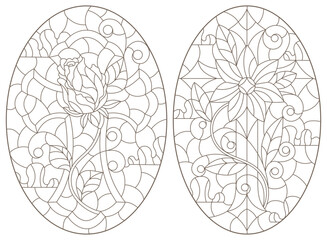 Wall Mural - A set of contour illustrations in the style of stained glass with Christian crosses, dark contours on a white background