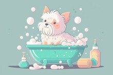 Generative AI. Dog Hair Hygiene. Vector Illustration Set, Pet Grooming And Care. Cartoon Dog Sitting In Bathtub. Domestics Pet Bathes With Rubber Duck. 