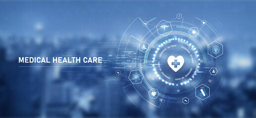 Healthcare and technology concept with flat icons and symbols. Template design for health care business, innovation medicine, pharmaceutical industry, science background, medical research.
