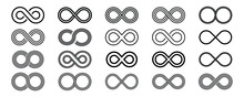 Infinity Icons Set. Infinity Symbol, Infinity Space, Infinity Arrow, Infinity Loop, Infinity Circle. Unlimited Infinity, Endless Line Collection Icons Flat Style. Vector