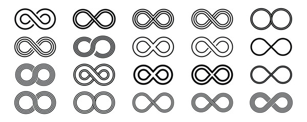 Infinity icons set. Infinity symbol, infinity space, infinity arrow, infinity loop, infinity circle. Unlimited infinity, endless line collection icons flat style. Vector