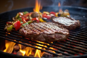  beef ribeye steak grilling on flaming grill