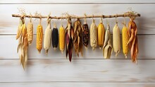 A Collection Of Decorative Corn Husks Hanging In A Row, Creating A Rustic And Seasonal Frame With A Blank Space For Your Text Or Design Elements. Autumn Background. Generative AI.