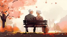 Old Couple Sitting On A Bench In The Park