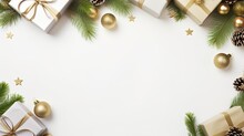 A Top View Of A Minimalistic Arrangement Of Christmas Presents And Decorations Forming A Rectangular Border, Offering An Elegant And Festive Framing For Text Or Promotional Materials. Generative AI. 