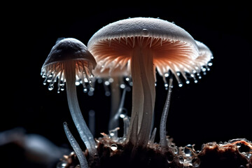 Close-up of glowing mushrooms in a mystical forest, blurred lights and dark background