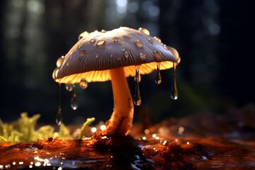 Close-up of glowing mushrooms in a mystical forest, blurred lights and dark background