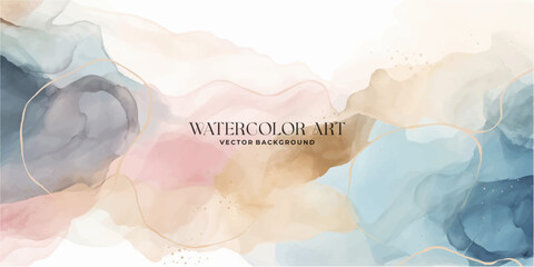 Wall Mural - watercolor art background vector. wallpaper design with paint brush and gold line art. earth tone bl