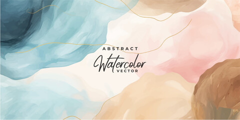 Wall Mural - watercolor art background vector. wallpaper design with paint brush and gold line art. earth tone bl