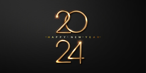 Wall Mural - 2024 golden number on black background. Greeting New year design with realistic gold metal number of year.