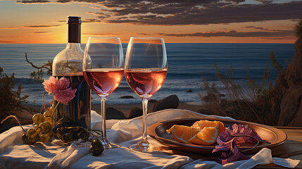 Wall Mural - romantic evening with two glasses of wine on the beach. sunset.