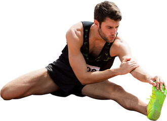 Digital png photo of caucasian sports man stretching on transparent background