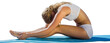 Digital png photo of caucasian woman on mat stretching on transparent background