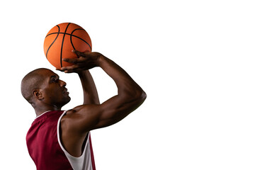 Wall Mural - Digital png photo of african american male basketball player throwing ball on transparent background