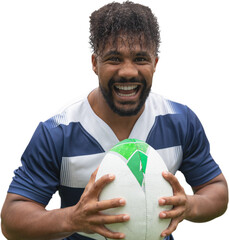 Wall Mural - Digital png photo of biracial male rugby player holding rugby ball on transparent background