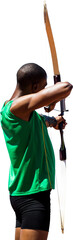 Wall Mural - Digital png photo of biracial male archer using bow on transparent background