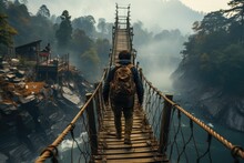Suspended In Suspense: Captivating Rear View Of An Adventurous Individual On A Swinging Rope Bridge, Hovering Above A Profound Chasm With A Rapidly Streaming River Below Generative AI