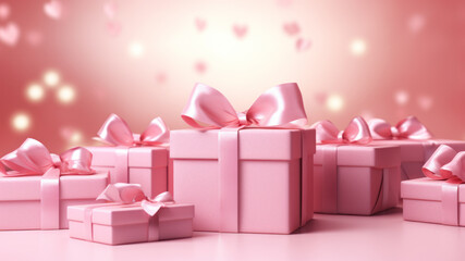 Wall Mural - Pink gift boxes with bow on a beautiful bokeh background.