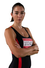 Sticker - Digital png photo of caucasian female runner with number on transparent background