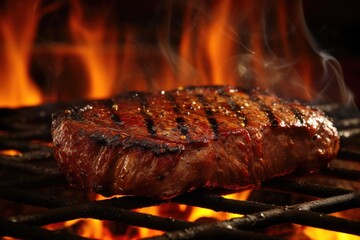 Wall Mural - beef ribeye steak grilling on flaming grill