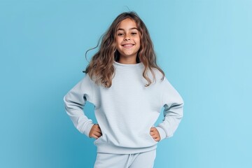 Wall Mural - Portrait of a smiling little girl in casual clothes posing isolated over blue background