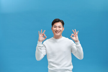 Portrait of happy excited asian guy doing approval ok gesture with fingers, smiling, showing that he is okay,