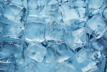 Fresh Ice Cubes To Chill Drink. Frozen Pure Water. Clear Ice Cubes Background. Top View Of Ice Pieces On Table