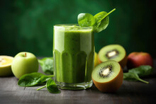 A Delicious Green Smoothie In A Glass. Fruit Shake With Kiwi And Basil, A Composition For The Menu. Generative AI Photo Imitation.