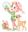 Cute Christmas elf with Glass snow globe, fawn and gifts. Watercolor cartoon illustration Santa's little helper and presents isolated on white background. Merry Christmas and Happy New Year cards
