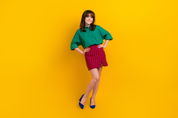 Poster - Full length portrait of nice gorgeous positive person put hands waist posing isolated on yellow color background