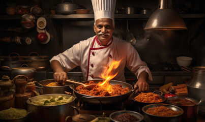 cooking, profession and people concept - happy male indian chef in toque with crossed arms over restaurant kitchen background