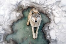 View From Above Of A Wild Wolf Sitting On The Frozen Water. Amazing Wildlife. Generative Ai