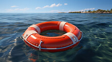 Safety Equipment, Life Buoy Or Rescue Buoy Floating On Sea To Rescue People From Drowning Man.