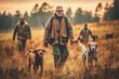 © bluebeat76 - A group of hunters dressed in traditional hunting attire, trekking through the wilderness with hunting dogs by their side, showcasing the camaraderie and adventure of the sport. Generative AI