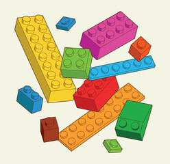 Simple pattern of building block, bricks for children. Vector isometric illustration. Colored bricks isolated on white background.