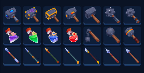 Hand-drawn vector set of weapons and potions.