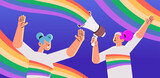 Fototapeta Sport - women with lgbt rainbow flags shouting in megaphone gay lesbian love parade pride festival transgender love