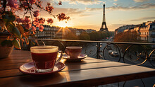 Take Away Coffee Cup On The Cafe Table In Paris, Eiffel Tower On Sunset Background.